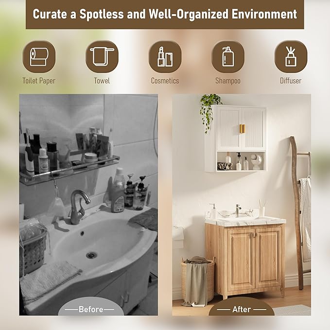 Bathroom Wall Cabinet, Wall-Mounted Medicine Cabinet with Adjustable Wood Shelf & Doors, Floating Bathroom Cabinet Over Toilet for Laundry Room & Kitchen & Living Room (White)