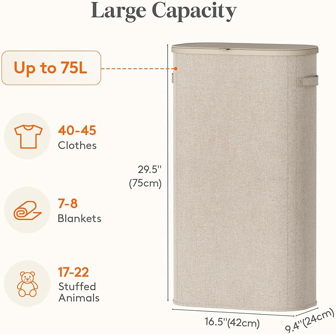 Lifewit 75L Slim Laundry Basket with Lid, Laundry Hamper with Plastic Handles and Removable Bag, Foldable Tall Dirty Clothes Hampers for Laundry for Laundry Room, Bedroom, Bathroom, Dorm, Beige