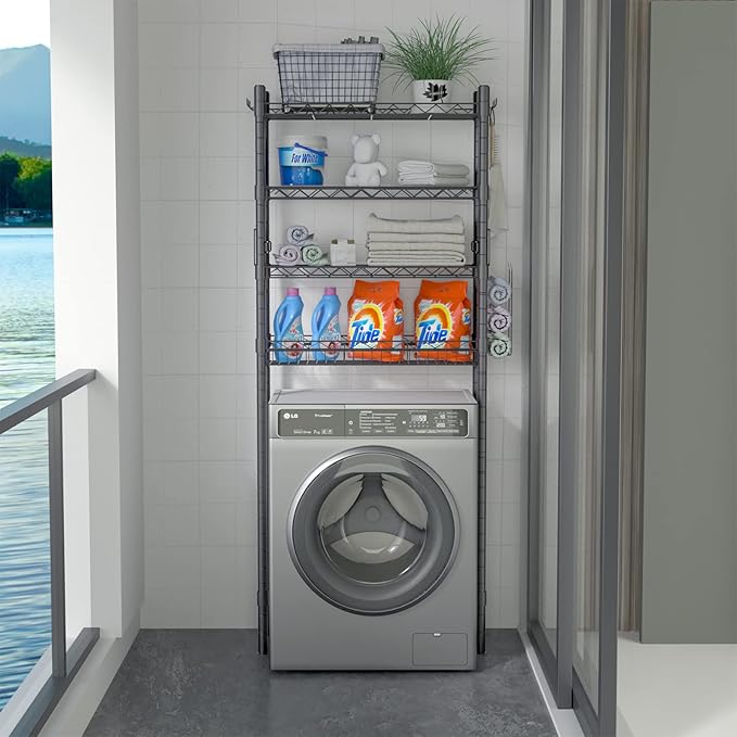 4-Tier Over The Toilet Storage, Adjustable Over Toilet Bathroom Organizer Rack, Freestanding Bathroom Shelves Above Toilet Storage, Sturdy Bathroom Space Saver with Basket and Shelves, Gray