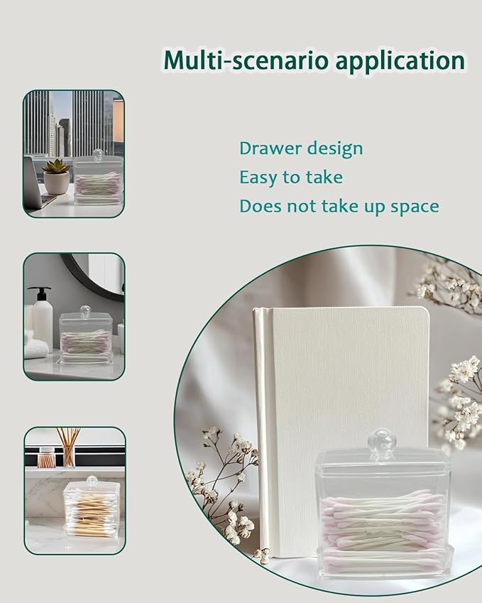 10oz Cotton Swab Dispenser with Lid, Clear Plastic Swab Holder for Bathroom Vanity Countertop Storage, Durable PS Canister with U-Slot for 3 Inch Cotton Buds, Compact Swab Organizer