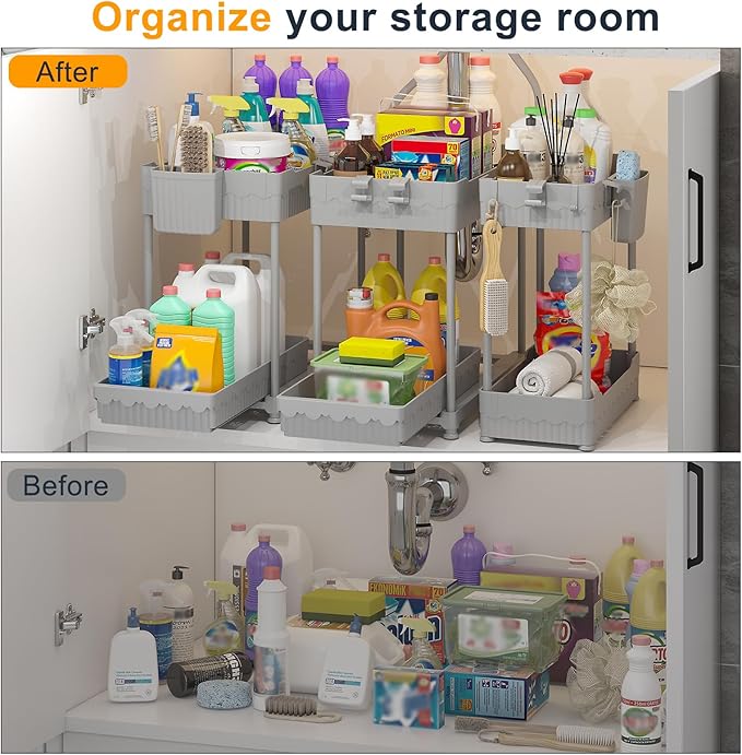 3 Pack Under Sink Organizers, 2-Tier Multi-Use Kitchen and Bathroom Organizers and Storage with Sliding Drawers，Bathroom Cabinet Organizer (Gray, 14.8 Inch)