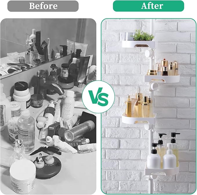 4-Tier Corner Shower Caddy Tension Pole Organizer - Adjustable Rustproof Metal Tension Pole, Plastic Shelves with Safety Guardrail, Bathroom Storage for Shower & Bathtub(White)