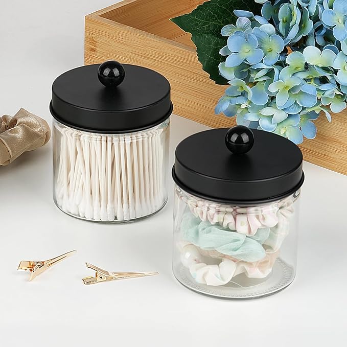 SheeChung Bathroom Organizers and Storage - 1Pack Qtip Holders Bathroom Canister Apothecary Jars for Cotton Swabs, Rounds, Balls, Qtips,Makeup Sponges, Flossers,Bath Salts - Black