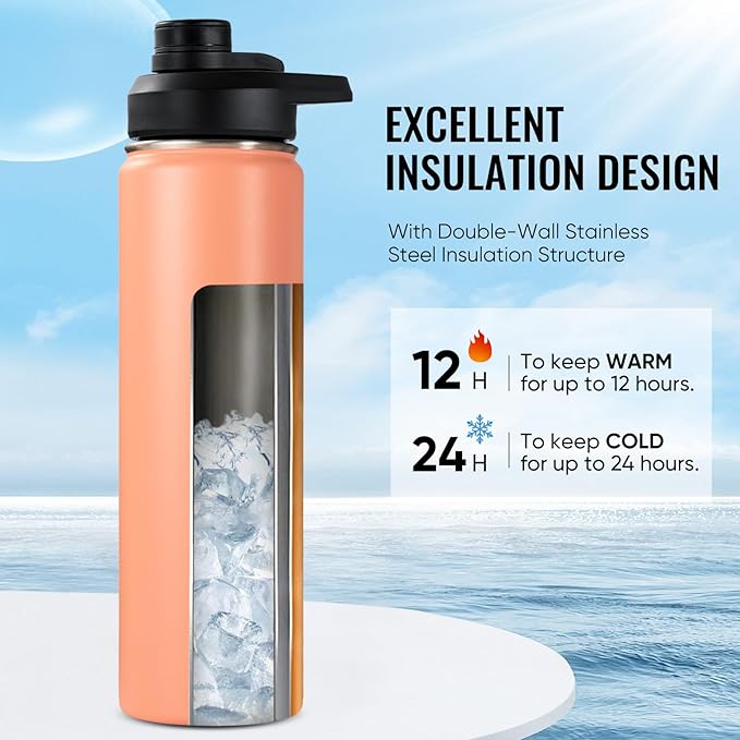 24 oz Insulated Water Bottle with Handle, 305 Stainless Steel Water Bottles with Wide Mouth, Double Wall Vacuum Sports Water Bottle, BPA Free, Keep Cold and Hot, Coral