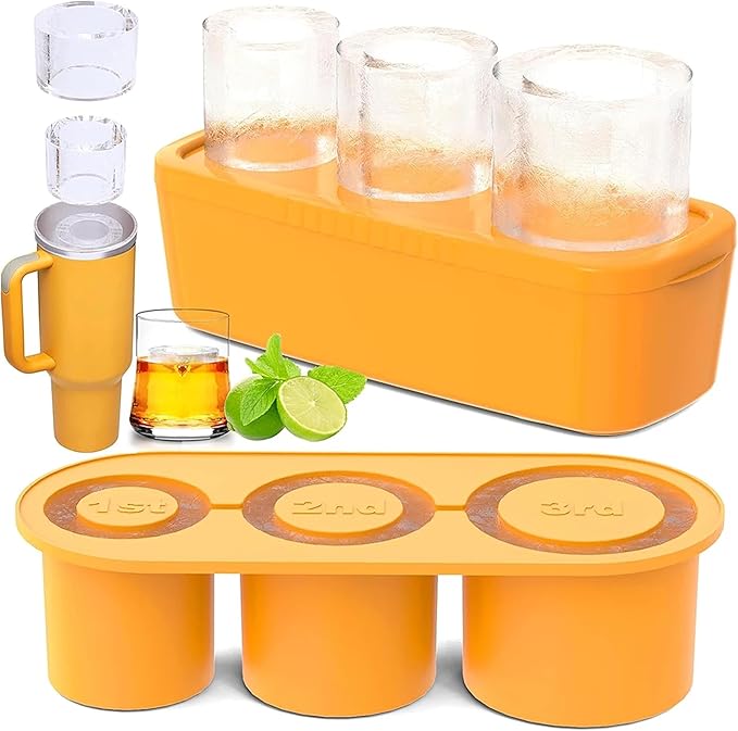 ADWAM Ice Cube Tray for Stanley Cup, Silicone Ice Mould with Lid & Bin, Long Ice Cubes for 30-40Oz Tumbler, Easy Fill & Release, Perfect for Cocktails, Whiskey, Iced Coffee, Drinks, BPA Free (Yellow)