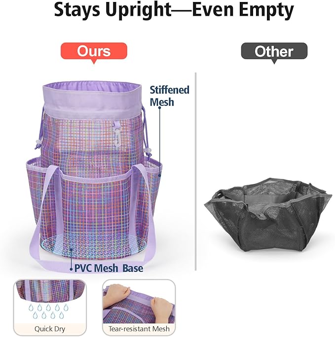 F-color Mesh Shower Caddy Portable with Drawstring - Tall 5 Pockets Dorm Room Essentials for Guys Girls with S Hook, Shower Bag Basket Tote for College Camping Travel Toiletry Bathroom, Purple Grid