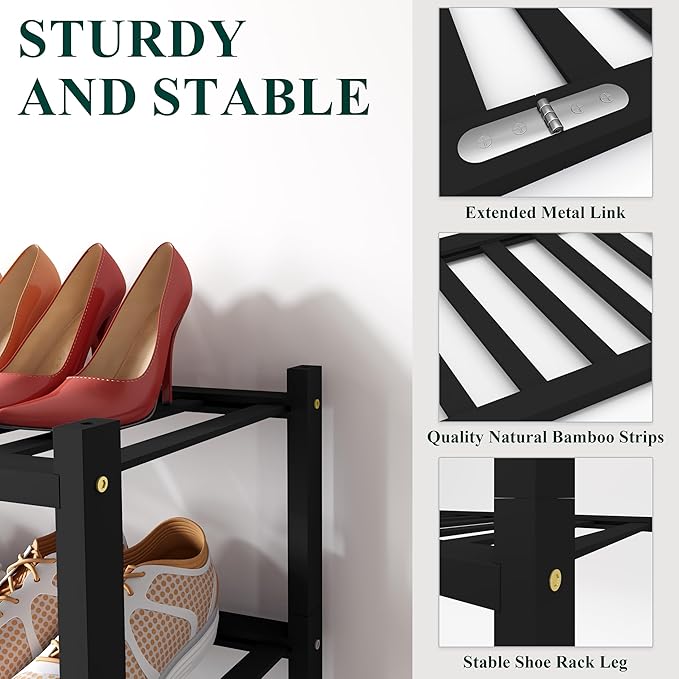 Smiry Shoe Rack, 4 Tier Long Bamboo Shoe Organizer, Stackable Free Standing Wooden Shoe Storage Shelf for Closet, Entryway, Front Door Entrance, Black