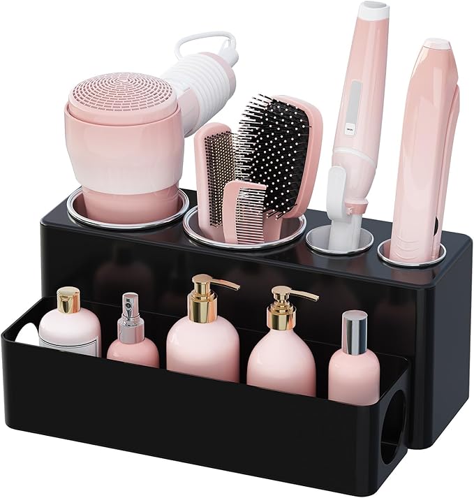 Lifewit Hair Tool Organizer Countertop, Removable Blow Dryer Holder for Bathroom, Acrylic Hot Tools Organizer Storage for Curling Iron, Brush, Straightener, 4 Stainless Cups, Black, 30 cm/12 inch(L)
