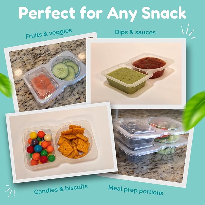 Reusable Snack Containers with Lids 20Pcs, Portion control containers, Snack Pack Containers,2 Double Compartment Snack Containers for Kids On the Go Meals, Camping Condiment Snack Tray Prep