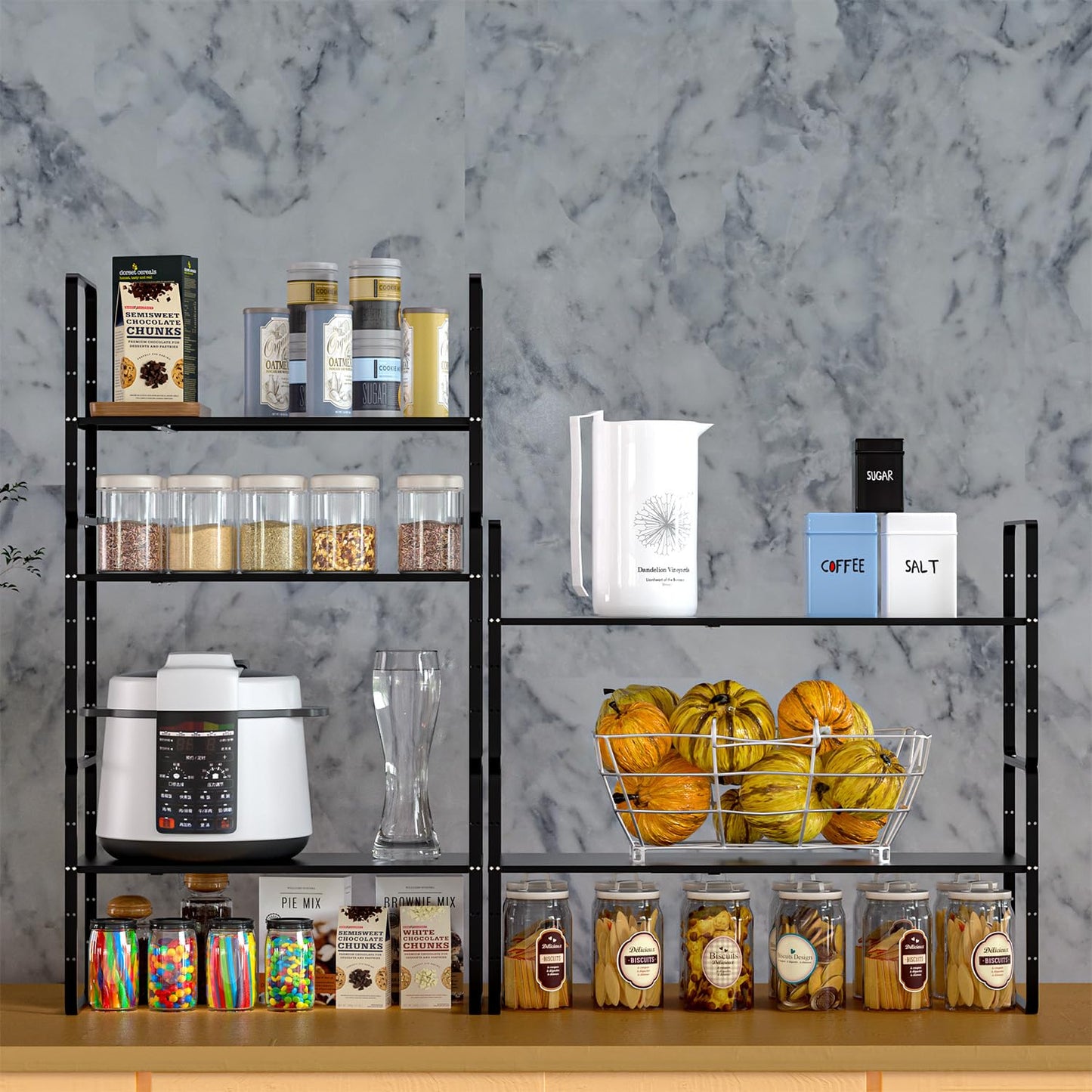 GEDLIRE Expandable Kitchen Cabinet Shelf Organizers 2 Pack, Stackable Metal Pantry Storage Shelves Rack, Adjustable Counter Shelf for Cabinets, Countertop, Cupboard Organizers and Storage, Black