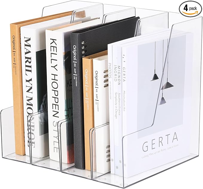Vertical File Holder, Clear PET Desk Organizer and Storage Bins Holding for Magazines, Binders, Notebooks, Envelopes, Multi-purpose Plastic Document Organizer for Home Office, 4 pack