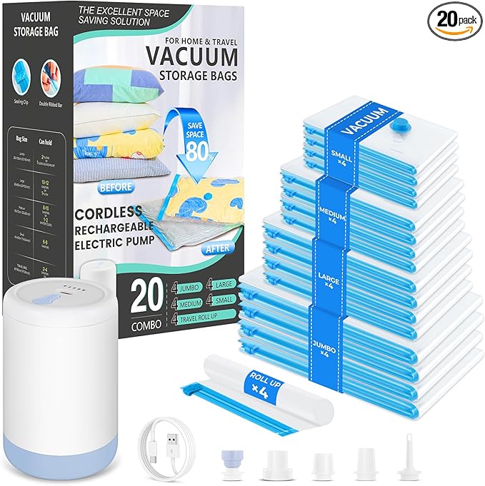 Vacuum Bags for Travel with Portable Electric Pump, 8 Pack Vacuum Seal Bags for Luggage and Suitcase Compression, Space Saver Vacuum Storage Bags for Clothes and Clothing Travel