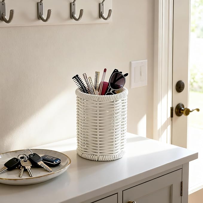 Rattan Jars, Rattan Desk Organizer, Bathroom Essentials Accessories Decor, Vanity Makeup Storage Organizer, for Cotton Balls, Pads, Floss Picks-Minimalist Decor , White(DP053)