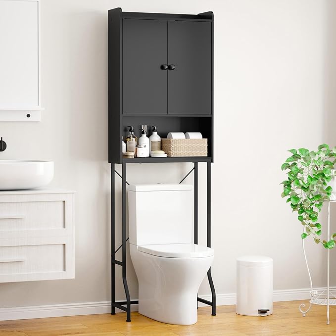 Kitsure Over The Toilet Storage Cabinet - 3 Tier Bathroom Organizers and Storage Solution with Adjustable Shelf & Bottom Bar, Anti-Tip Bathroom Storage Cabinet, Black, 3 Tiers (68.1" H)