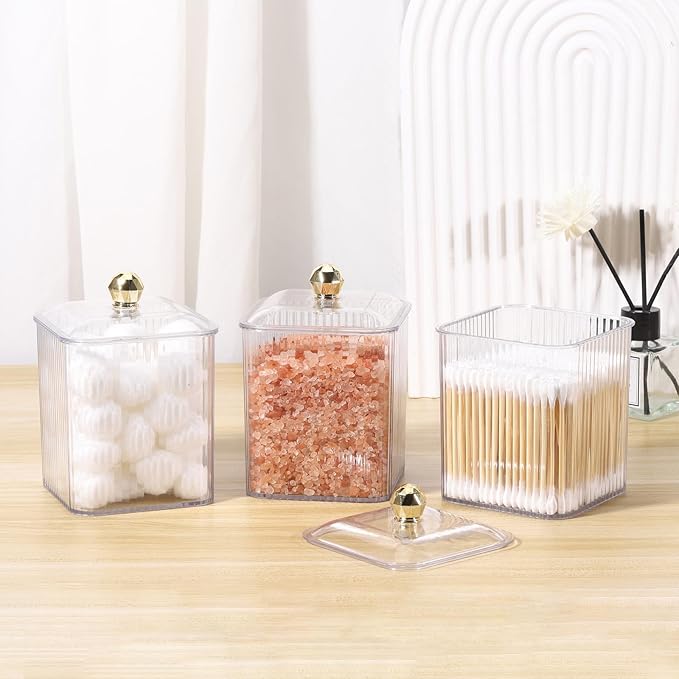 Tbestmax 3 Pack Qtip Holder Dispenser Clear Bathroom Organizer Jar Cotton Swab/Pad/Ball Holder Container Cosmetics Storage for Vanity