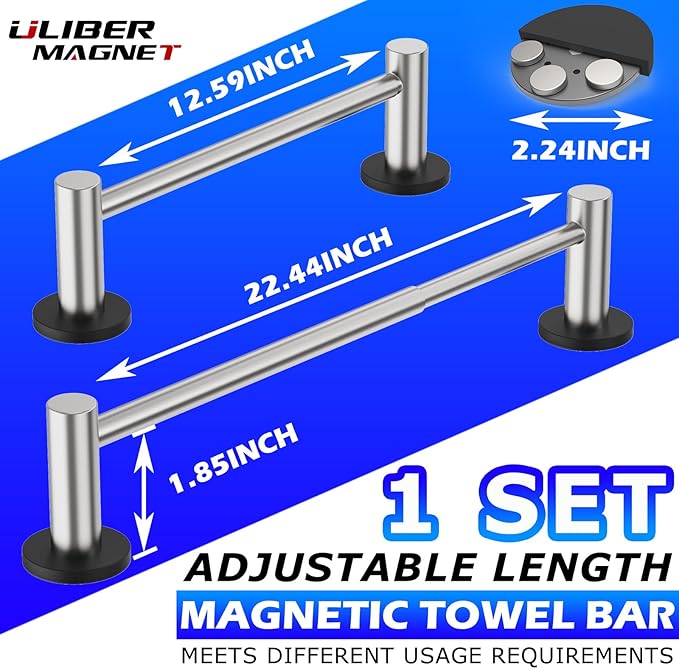 ULIBERMAGNET Heavy Duty Magnetic Towel Bar,1 Set Magnetic Towel Holder Rail Silver with Adjustable Length, Non-Slip Stainless Steel Towel Rail for Refrigerator, Oven, Dishwasher, Cabinet, Laundry