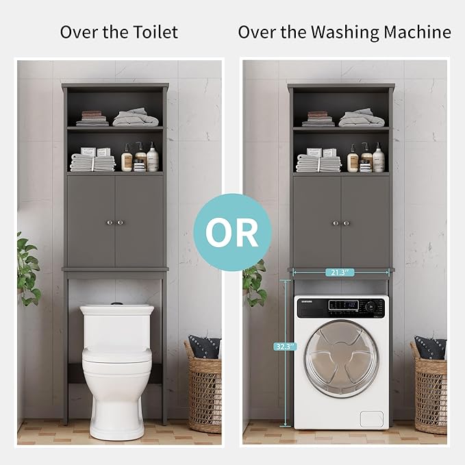 Shintenchi Over The Toilet Storage Cabinet, Bathroom Above The Toilet Rack, Bathroom Adjustable Shelf Organizer with Open Bottom Bar and Anti-Tip Device, Gray
