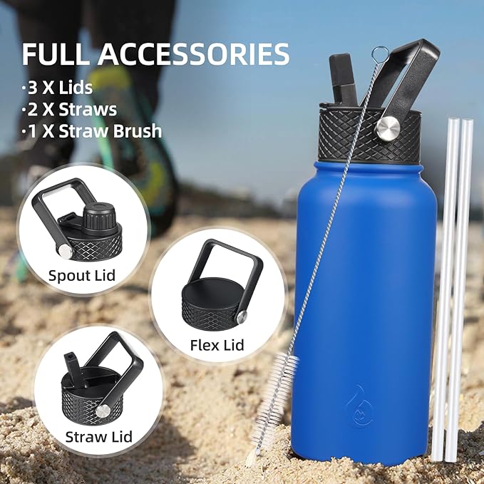BJPKPK Insulated Water Bottles with Straw Lid, 40oz Stainless Steel Metal Water Bottle with 3 Lids, Reusable Thermo, Keep Cold Hot for Sports, Gym-Midnight