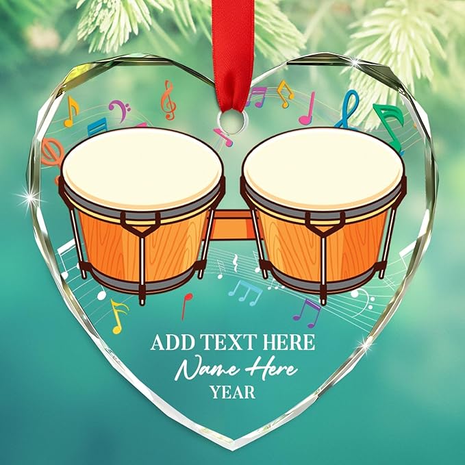 Personalized Drum Musical Instrument Glass Ornament, Customized Year Text Name Christmas Ornaments Gift for Drummer Husband Wife Dad Mom Kids, Unique Drum Set Glass Christmas Ornament for Birthday