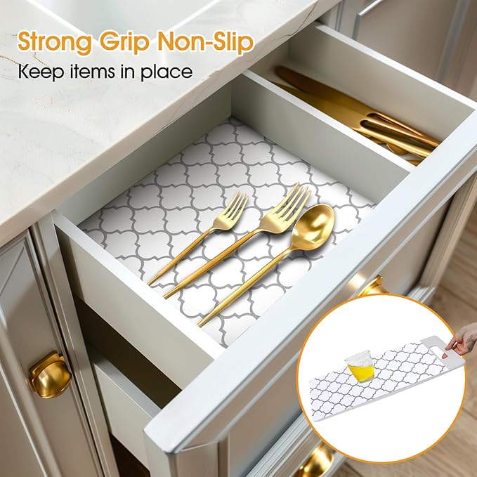 Shelf and Drawer Liner for Kitchen Cabinets Non-Adhesive, Strong Grip Non-Slip Thickened Cabinet Liners for Shelves, Waterproof Mats for Dresser Cupboard, White/Gray, 17 in x 30 Feet