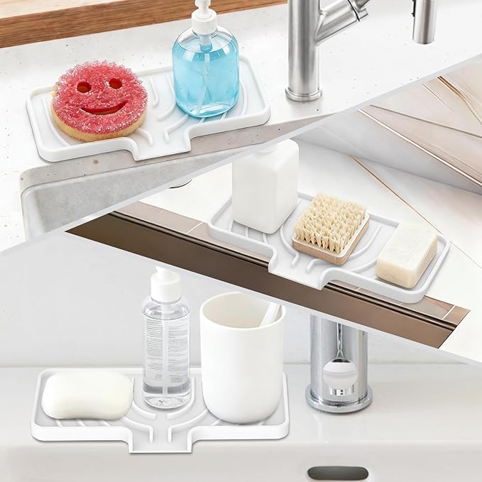 GUUKIN Sponge Holder for Kitchen Sink, 9.8"×4.9" Silicone Dish Drying Mat, Scrub Daddy Holder, Kitchen Sink Accessories, Suitable for Kitchens & Bathrooms (White)