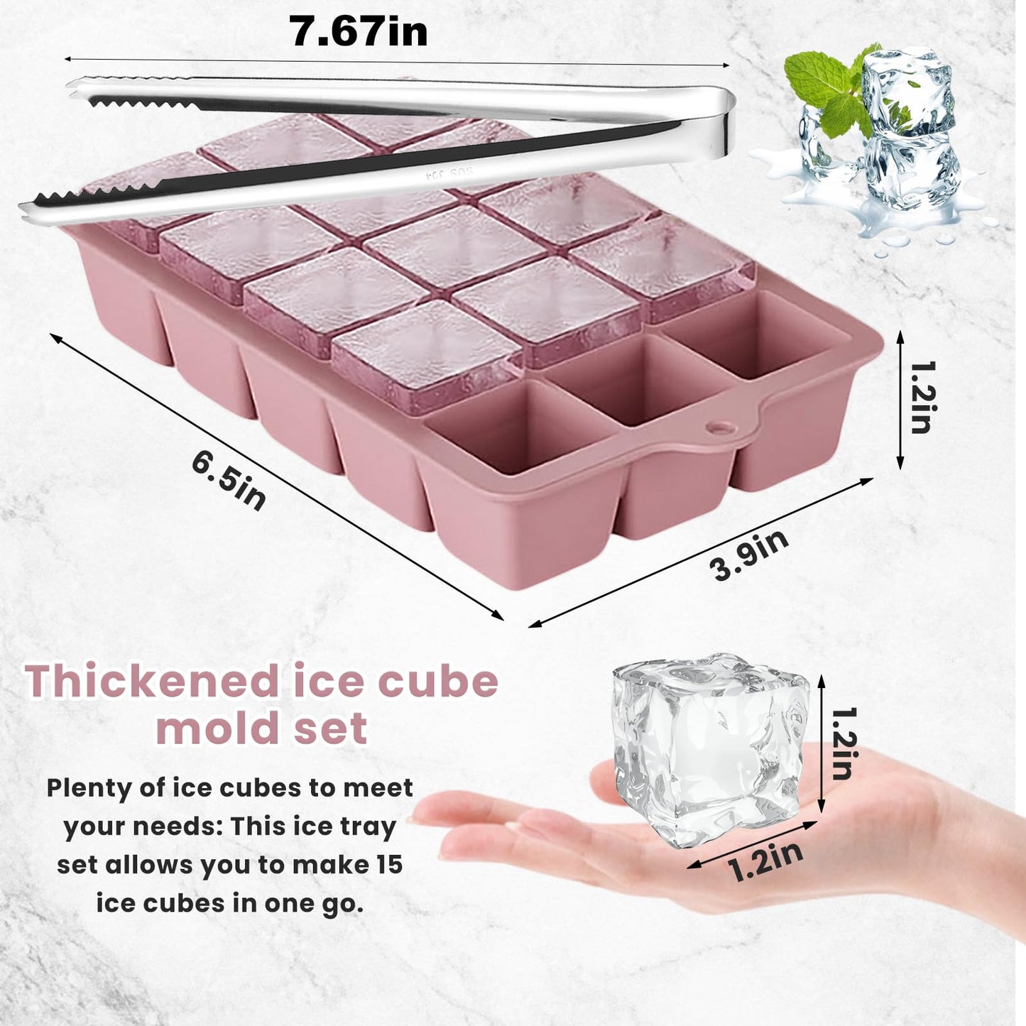 Large Silicone Ice Cube Trays with Lid, 6 Big Ice Cubes per Tray, Include 19.5cm/7.7in Ice Tongs - Perfect for Freezer, Whiskey, Cocktails