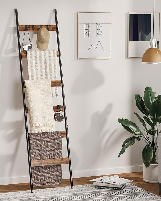 Blanket Ladder, 6-Tier Towel Holder with 4 Removable Hooks, Farmhouse Wall Leaning Decorative Rack Shelf, Wooden Towel Display Rack, Quilt Ladder for Living Room, Bedroom, Rustic Brown