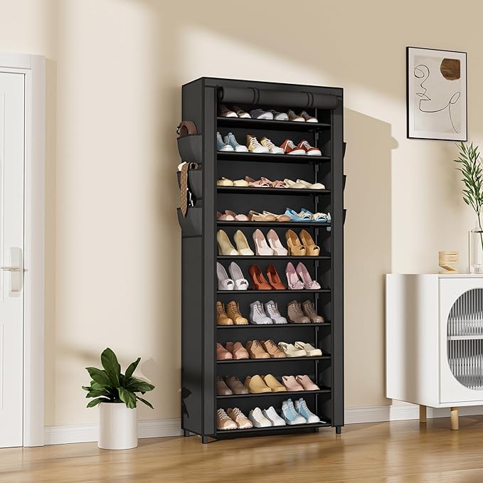 VTRIN Vertical Narrow Shoe Rack Organizer Tall Shoe Rack for Closet Entryway 10 Tier Non-Woven Cover Shoe Shelf Holds 36-41 Pairs Free Standing Shoe Storage Cabinet with Dustproof Cover, Black