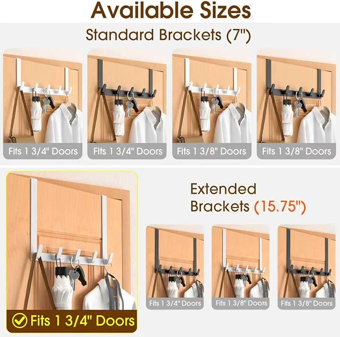 Long Over The Door Hooks with 15.75-inch Arms for Easier Access by Women, Heavy Duty Door Hanger for Winter Coat, L16U, Fits Standard 1 3/4'' Doors, Towel Racks Organization, White
