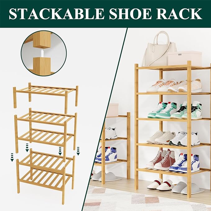 Smiry Shoe Rack, 6 Tier Small Bamboo Shoe Organizer, Stackable Free Standing Wooden Shoe Storage Shelf for Closet, Entryway, Front Door Entrance, Natural