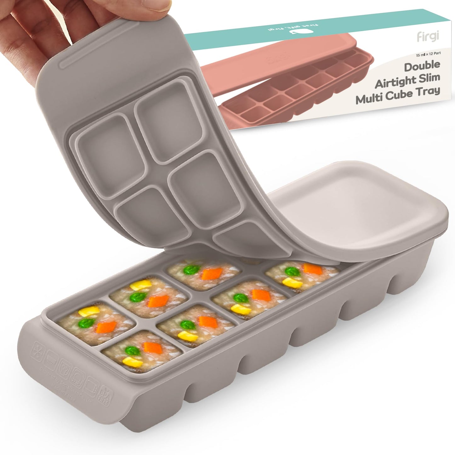 Firgi 1.7 oz/4 Sections Silicone Ice Cube Freezer Tray with Lid, 100% Food-Grade Platinum Silicone,Leak Resistance & Dishwasher Safe for Baby Food Prep,Breast Milk,Purees - Korean Made, Brown