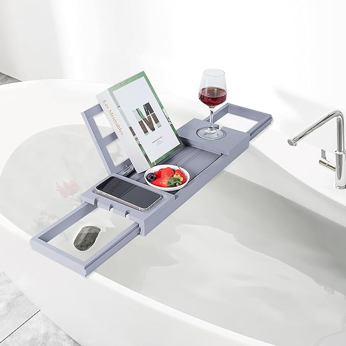 Utoplike Bathtub Tray Caddy Bamboo, Grey Bath Table for Tub Adjustable, Bathroom Organizer with Book Tablet Wine Glass Cup Towel Holder
