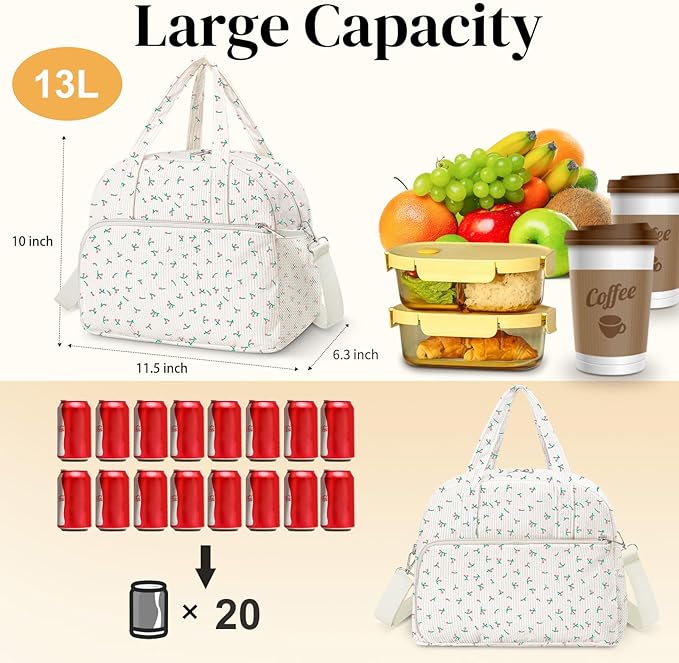 Coobiiya Lunch Bag Lunch Box for Women Men,12L Reusable Cute Corduroy Lunchbag Large Capacity- Leakproof, Insulated LunchBox Tote
