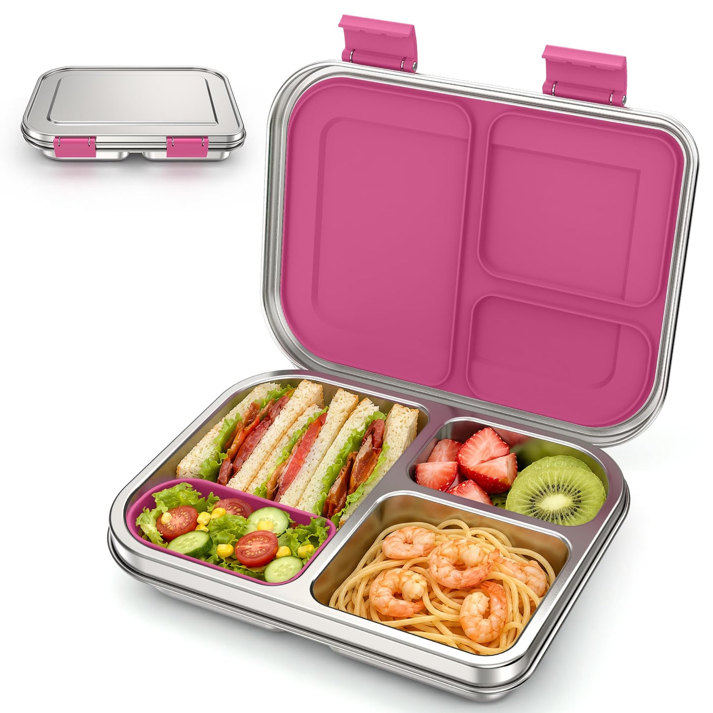 BABHAMNESS Stainless Steel Bento Box Kids, 3 Compartments Leak Proof Metal Bento Lunch Box, 304 Stainless Steel Bento Lunch Containers for School and Office,Dishwasher Safe, BPA-Free-Blue