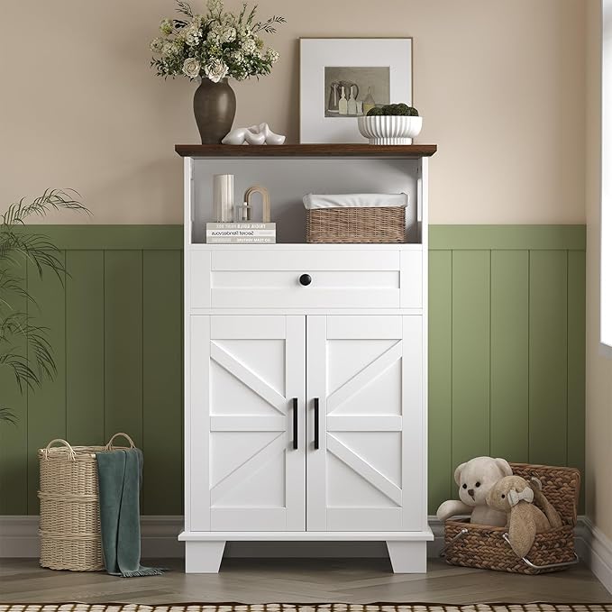 Farmhouse Bathroom Storage Cabinet with Drawer & Adjustable Shelves, White 23.6" Wide Freestanding Floor Cabinet, Barn Door, Sturdy Wood, for Kitchen, Entryway (23.6 * 11.8 * 39.3" (Floor))