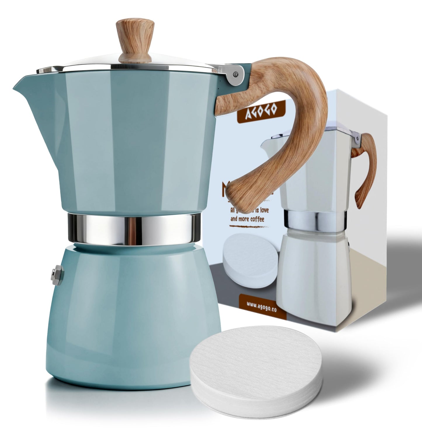 AGOGO Moka Pot Stovetop Espresso Set & Cuban Coffee Maker 6-Cup/300ml Blue