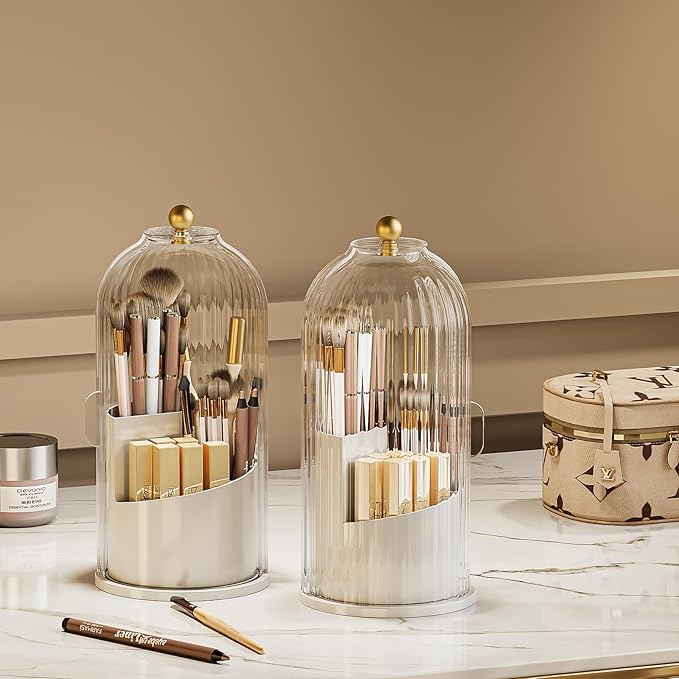 Makeup Brush Holder Organizer, 360 Rotating Makeup Brush Organizer Cosmetics Make up Brush Organizer for Vanity, Waterproof Dustproof Makup Brush Storage for Bathroom Countertop, White-Clear