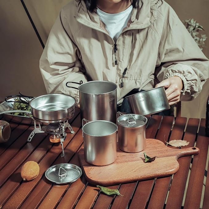 Aomiun 5PCS Stainless Steel Camping Cooking Set Cookware Mess Kit Cook Pots and Pan Set with Cups & Storage Bag, Lightweight Camping Cookware for Hiking Backpacking Outdoor Cooking and
