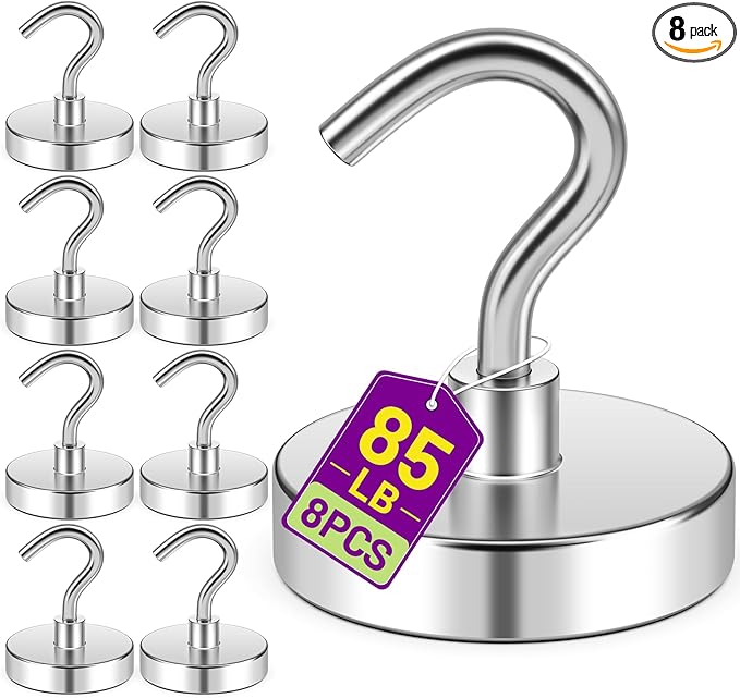 Magnetic Hooks for Cruise Cabins, 85lbs Silver Magnetic Hooks for Classroom, Magnets for Whiteboard, Kitchen, Grills, Office, Fridge, Home, Kitchen Accessories, 8 Pack