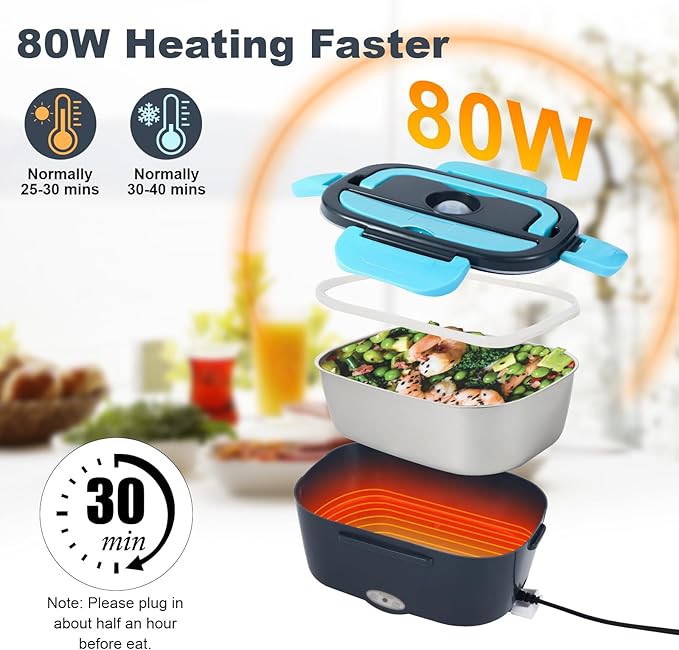 Electric Lunch Box, 12V/24V/110V Portable Food Warmer with SS Fork & Spoon for Car/Truck/Office, 80W Self Heating Lunch Box with 1.5L 304 Stainless Steel Container & 0.45L PP Fruit Box Sky Blue