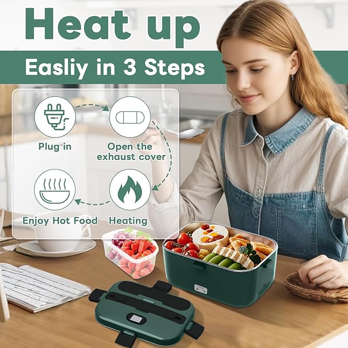 DUPASU Electric Lunch Box Food Warmer: 100W Heated Lunch Box for Adults, 1.8L Portable Fast Heating Lunchbox Food Heater for Car, Truck, Work, Travel, Lonchera Elctrica 12/24V/110-230V