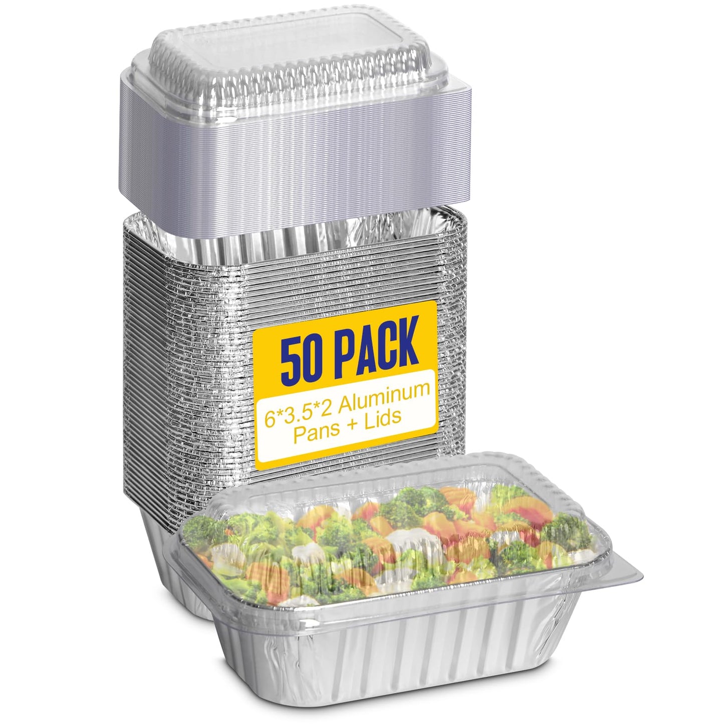 Alfolic Small Aluminum Pans with Lids, 50 Pack 1 lb Disposable Aluminum Loaf Pans 6x3.5x2 Inch, Tin Foil Pans Cookware for Baking Cakes, Bread, Meatloaf, Mini