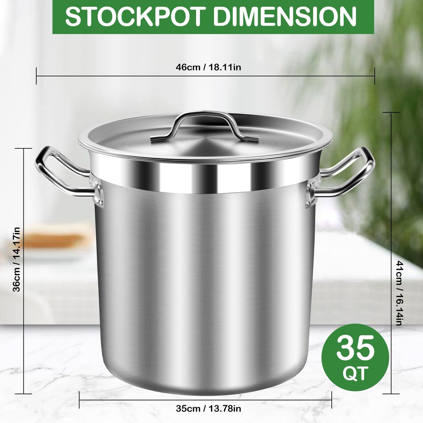 STOCKPOT 35 Quart Commercial Grade Large Stock Pot - Soup Pot with Lid - Non-Nickel Stainless Steel - Healthy Cookware Polished Stockpots - Heavy Duty - 8.8Gallon