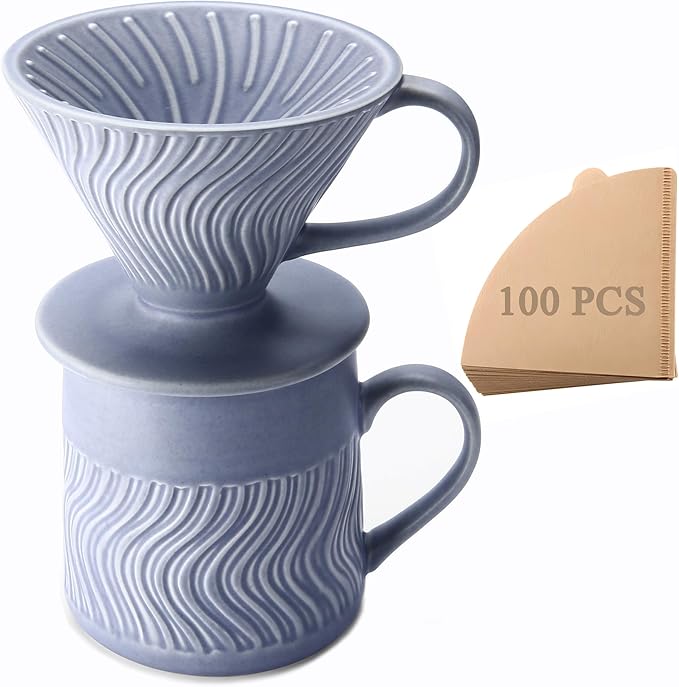 Polydremio Pour Over Coffee Maker with 100 Sheets of Paper Filter, 15 oz Ceramic Coffee Mug & Coffee Dripper, 1 Cup-Single brew coffee set, Grey