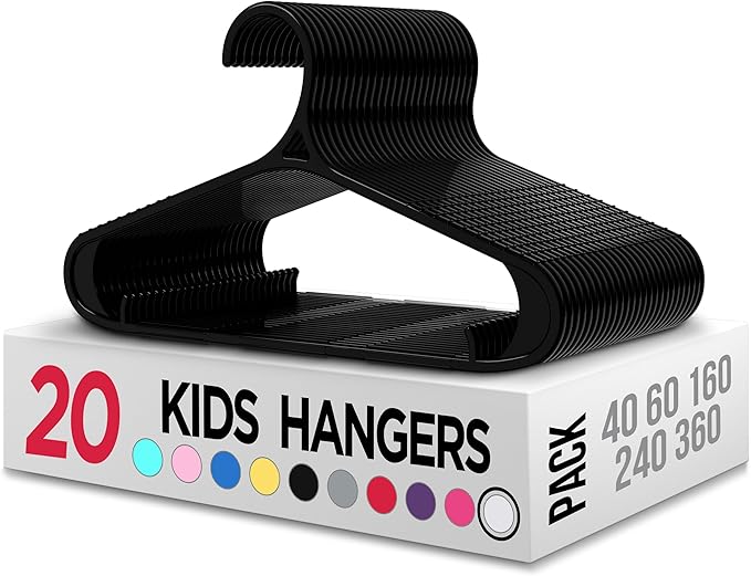 Utopia Home Kids Hangers 20 Pack - 11 Inch Plastic Baby Hangers for Closet - Childrens Hanger for Clothes & Infant Hanger for Closet - Non-Slip Shoulder Grooves, Strap Hooks & Pants Bar (Black)