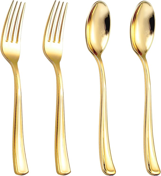 BUCLA 200 Piece Gold Plastic Silverware - Baroque Style Gold Plastic Forks and Spoons - 100 Forks and 100 Spoons for Weddings, Parties & Thanksgiving