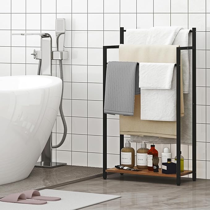 Freestanding Towel Rack, 3 Tier Blanket Ladder Stand with Rustic Brown Wooden Shelf for Bathroom Living Room (31.5”H x 16.9”W x7.9”D)