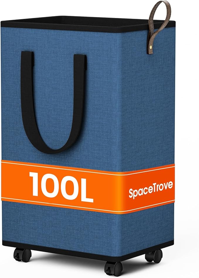 Laundry Basket with Wheels, Collapsible Laundry Baskets, Laundry Hamper with Handles Detachable Wheels, Rolling Laundry Basket, Dirty Clothes Hamper for Bathroom, Dorm, Bedroom, Navy, 100L