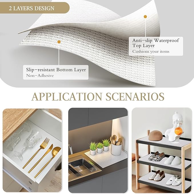 Beautysaid Shelf and Drawer Liner for Kitchen Cabinet, Non Adhesive Non Slip Shelf Paper Waterproof Washable Thickened for Dresser Pantry Shelve Bathroom Protector Liner(White,23.6 in x 10 FT)
