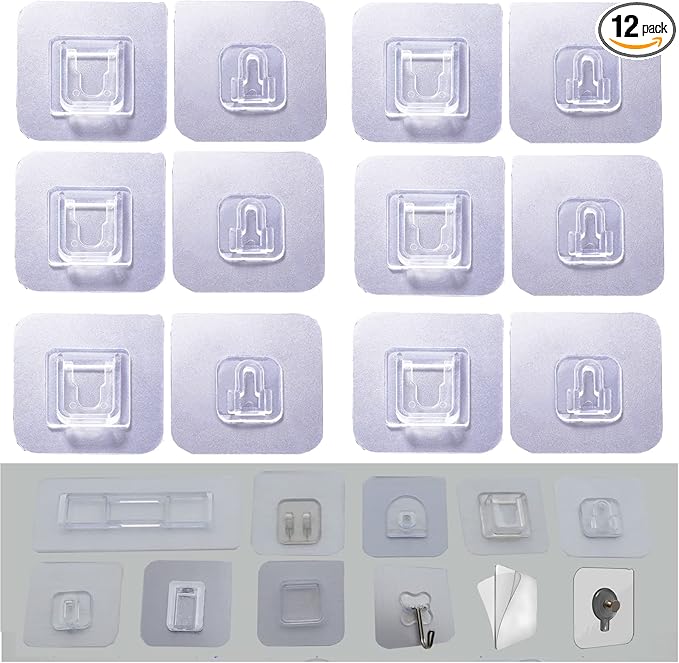 6 Pairs Wall Mounted Replacement Sticky Pads for Kitchen Bathroom Shower Caddy Organizer Rack Holder Nail Free Adhesive Hooks (6 Concave and 6 Convex)